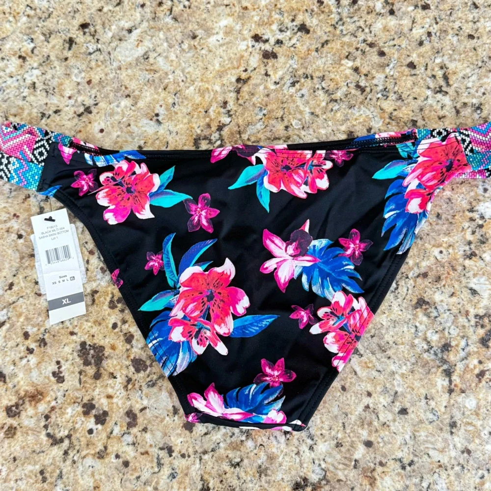 SUNDAZED Sasha Swim Bottom Floral Size XL Black Pink NWT